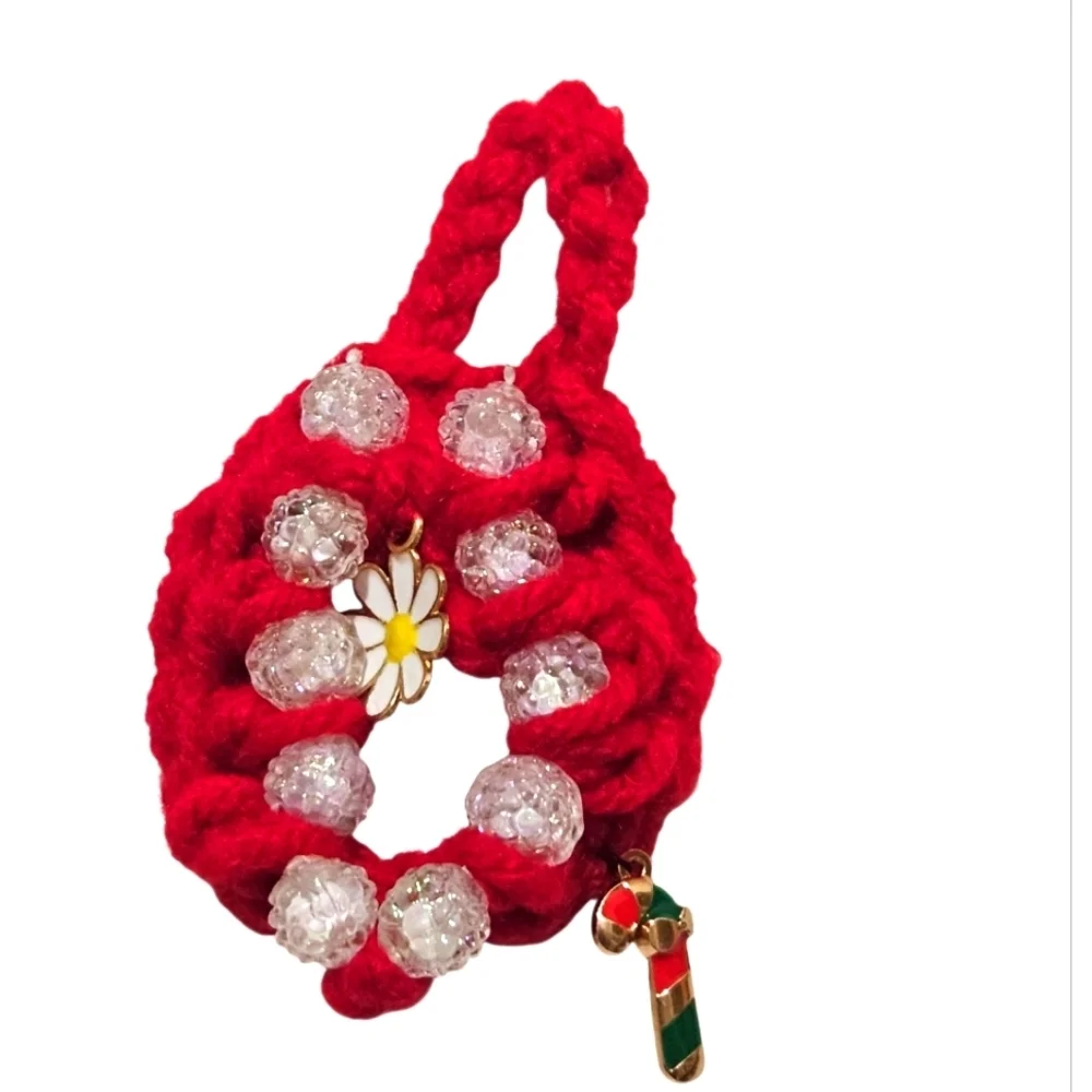 Hand Crafted Hand Crochet Christmas ornaments red beaded 8 mini holiday wreaths